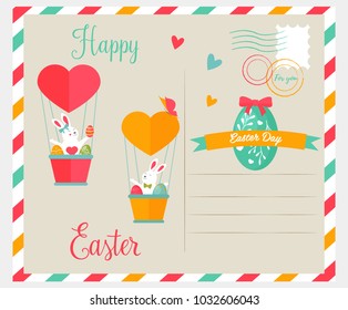 Easter bright postcard with funny rabbit and other holiday elements