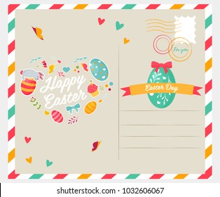Easter bright postcard with funny rabbit and other holiday elements