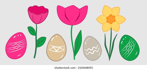 Juego de huevos y flores en vectores. Adecuado para el diseño de banners, postales. La ilustración está realizada en colores vivos y a la moda.