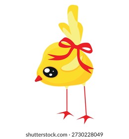 Frango amarelo brilhante da Páscoa com pernas vermelhas e um arco vermelho na cauda, para impressão, têxteis ou mídias sociais