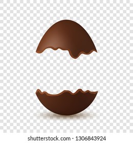 Easter broken egg 3d. Chocolate brown open egg, isolated white transparent background. Traditional sweet candy dessert, decoration Happy Easter celebration. Design element holiday Vector illustration
