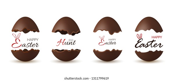 Easter broken egg 3d. Chocolate brown open eggs set isolated white background. Traditional sweet candy dessert, decoration Happy Easter celebration. Design element spring holiday Vector illustration