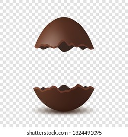 Easter broken egg 3d. Chocolate brown open egg, isolated white transparent background. Traditional sweet candy dessert, decoration Happy Easter celebration. Design element holiday Vector illustration