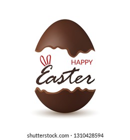 Easter broken egg 3d. Happy Easter text bunny ears. Chocolate brown open egg isolated white background. Traditional sweet candy decoration Happy Easter celebration. Holiday design Vector illustration