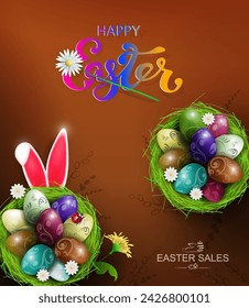 Easter brown card with a nest and painted eggs, rabbit ears.