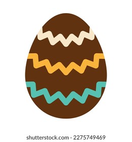 Easter brown egg with wave ornament. Green and yellow zig zags. Egg hunt. Easter tradition. Chocolate egg in flat design.