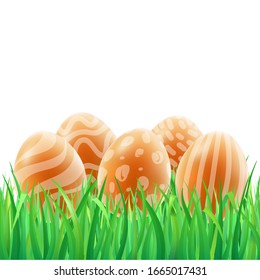 Easter Brown Eggs. Happy Easter Design with  Green Grass. Vector Illustration
