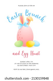 Easter brunch and egg hunt concept. Spring background template. Cute illustration of colorful eggs with bunny ears. Vector 10 EPS.