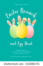 El concepto de brunch de Pascua y caza de huevos. Plantilla de fondo de primavera. Cuidada ilustración de huevos coloridos con orejas de conejito. Vector 10 EPS.