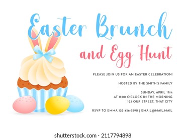 Easter Brunch And Egg Hunt Invitation. Gentle Cartoon Illustration Of Cupcake Decorated With Bunny Ears And Colorful Eggs. Vector 10 EPS.