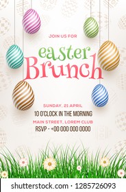 Easter Brunch invitation card design, illustration of colourful easter eggs with time, date and venue details.