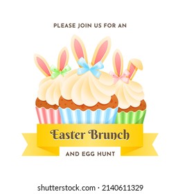 Easter Brunch invitation. Cute cartoon illustration of cupcakes decorated with cream, bunny ears and ribbons on white background. Vector 10 EPS.