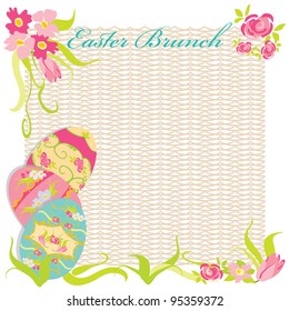 Easter Brunch Invitation Party. Pretty Victorian Style Hand Painted Easter Eggs With Flowers Are Stacked With Flower Bouquet Details In The Corners And A Easter Basket Weave Pattern Background