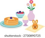 Easter brunch table scene with pancakes, berries, spring flowers and cute bunny. Flat vector illustration on white background.