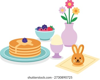 Escena de la tabla del brunch de Pascua con los panqueques, las bayas, las flores de la primavera y el conejo lindo. Ilustración vectorial plana sobre fondo blanco.