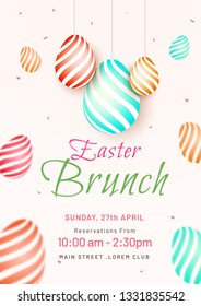 Easter Brunch template or invitation card design, illustration of colorful easter eggs with time, date and venue details. 