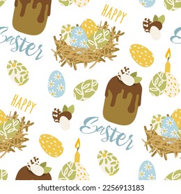 Easter bun pattern with icing and decoration, citrus fruits, eggs, candles, hares and decor. Pastel palette. Easter vector pattern. Colorful Easter eggs and buns. Gift wrapping for Easter