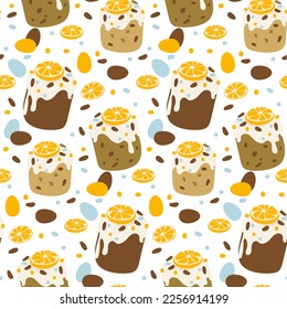 Easter bun pattern with icing and decoration, citrus fruits, eggs, candles, hares and decor. Pastel palette. Easter vector pattern. Colorful Easter eggs and buns. Gift wrapping for Easter