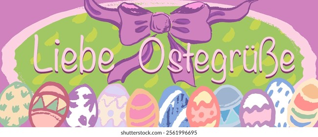 “Warm Easter greetings”  bunner in German. Hand draw with brush texture. A bow and colorful eggs . Vector, isolated.