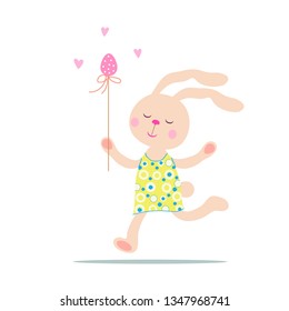 Easter bunni and easter egg.Running bunny with easter egg.Hand drawn style vector design illustrations.