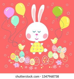 Easter bunni and easter eggs.Easter rubbit with easter eggs, chickens and balloons.Vector illustration.