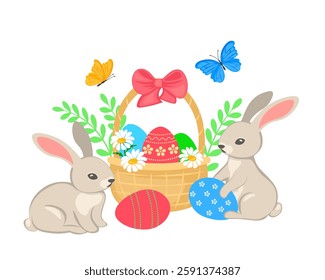 Easter bunnies and basket with Easter eggs colorful vector illustration, greeting card, banner, decoration.