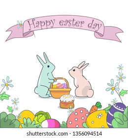 Easter bunnies with a basket  vector illustration