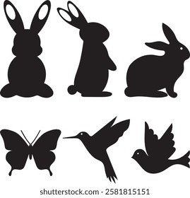 Easter bunnies and birds set isolated on a white background. Set of different rabbits and birds silhouettes for design use