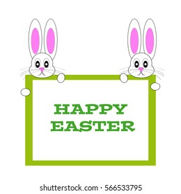 Easter bunnies with board on white background. Vector illustration.