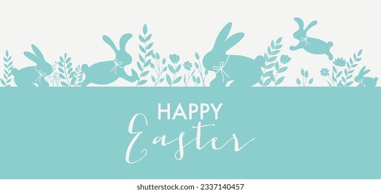 Easter bunnies border design vector illustration. Holiday background with blue bunnies, flowers, plants silhouettes isolated on white background. Text greeting sign. Simple flat style.