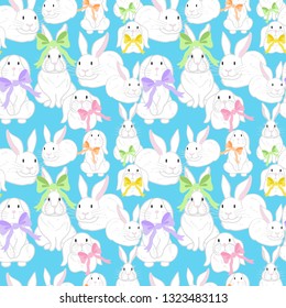 Easter Bunnies And Bows Seamless Pattern, Happy Easter Digital Background, Easter Printable Decor, Vector Illustration, Cute White Easter Rabbits With Multicolored Bows On Blue Background