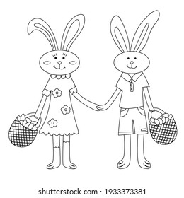 Easter bunnies boy and girl hold hands and collect eggs in baskets. Coloring page Children are preparing for Easter. Vector coloring book for Happy Easter