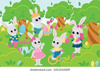 Easter bunnies boys and girls are having fun on a green meadow. The bunnies are happy and will laugh merrily. Scene in cartoon style.
