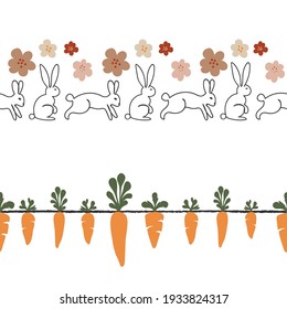 Easter Bunnies and Carrots Vector Seamless Horizontal Decorative Borders Set