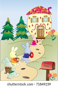 Easter Bunnies Carrying Eggs to their House