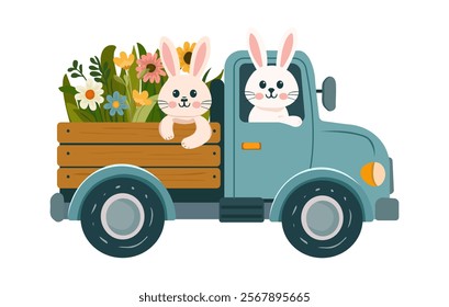 Easter bunnies carrying spring flowers on a farm lorry. Vector design in child style for Easter holiday card and invitation. 