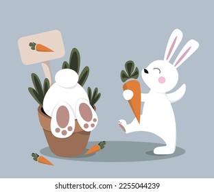 Ostersträucher. Ein Charakter süßer Kaninchen mit einer Karotte in einem flachen Vektor. Ein Hase in einem Blumentopf. Grafische Zeichnung mit Grußbändern für Grafiken, Inhalt, Banner, Aufkleber und Grußkarten.