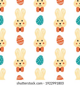 Osterbuntys und dekorierte Eier Cartoon Stil Vektor nahtlose Muster Hintergrund für Osterdesign.

