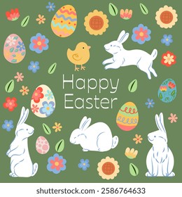 Easter bunnies, chick and colorful decorated eggs jumping on green background greeting card wishing happy easter