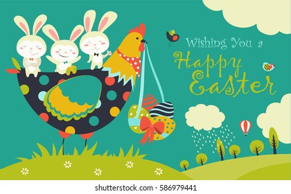 Easter bunnies, chicken and easter eggs