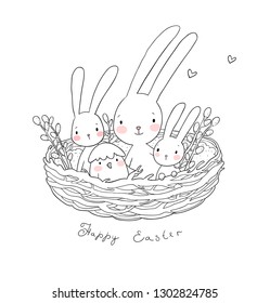 Easter bunnies and chickens. Cute hare and chick in the nest. happy animals