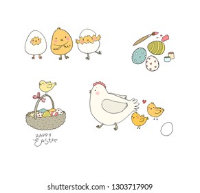 Easter bunnies and chickens, eggs and paint. Cute cartoon hares and birds. Cheerful animals. Spring set
