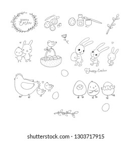 Easter bunnies and chickens, eggs and paint. Cute cartoon hares and birds. Cheerful animals. Spring set