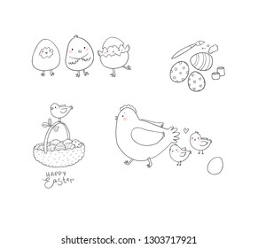 Easter bunnies and chickens, eggs and paint. Cute cartoon hares and birds. Cheerful animals. Spring set