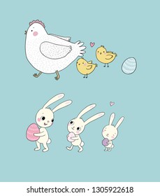 Easter bunnies and chickens, eggs and paint. Cute cartoon hares and birds. Cheerful animals. Spring set 