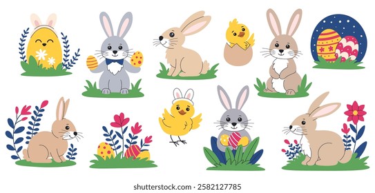 Easter bunnies, chicks and eggs set. Collection of cute Easter animals in flowers. Bright festive elements for Easter design.