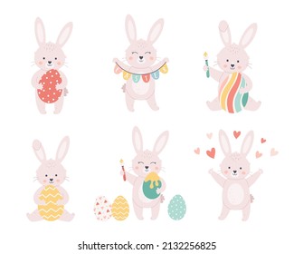 Easter bunnies collection. Bunny with Easter eggs. Happy Easter. Hand drawn vector illustration