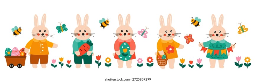 Easter bunnies collection, cute bunny characters celebrating Easter, enjoy a lively gathering in a garden.