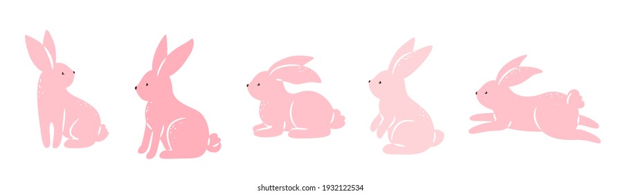 Easter bunnies collection vector illustration. Pink rabbits in different poses isolated on white background. Cute print design characters in flat cartoon scandinavian style.