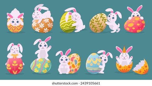 Easter bunnies with colored eggs. Cartoon traditional Easter elements, cute rabbits carrying chocolate eggs flat vector illustration set. Holiday easter bunny collection